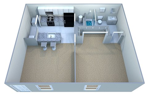 A 3D image of a house layout with a kitchen, living room, and two bedrooms.